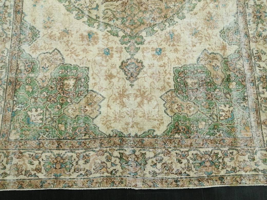 OUSHAK RUG Persian Rug 6.8 x 10.4 TURKISH Rug Vintage Wool Rug Muted Vintage Oriental Rug Wool Oushak Rug Hand Made Rugs Green Vintage Rug