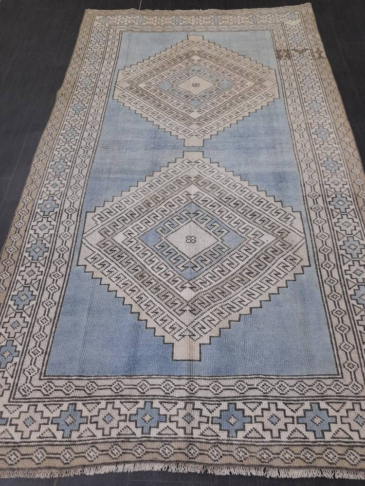 Quality Handmade Rug 4.8 x 8.4 Vintage Rug Oushak Rug Wool Boho Rug, Persian Rug Fun Turkish Rug LIGHT Blue Rug Ice Blue Oriental Wool rug