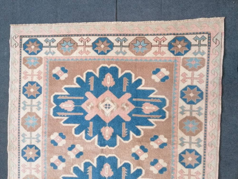 Turkish rug 4'5x7'3 blue and pink wool rug, vintage oushak rug, hand made living room rug