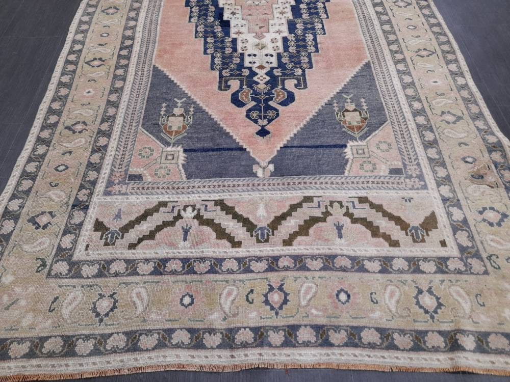 Blue and Pink Vintage Rug 5.2 x 10 Authentic Turkish Oushak Rug Hand Knotted Rug Rustic Rug, Wool Turkish Rug 5x10 Rug Oriental Rug