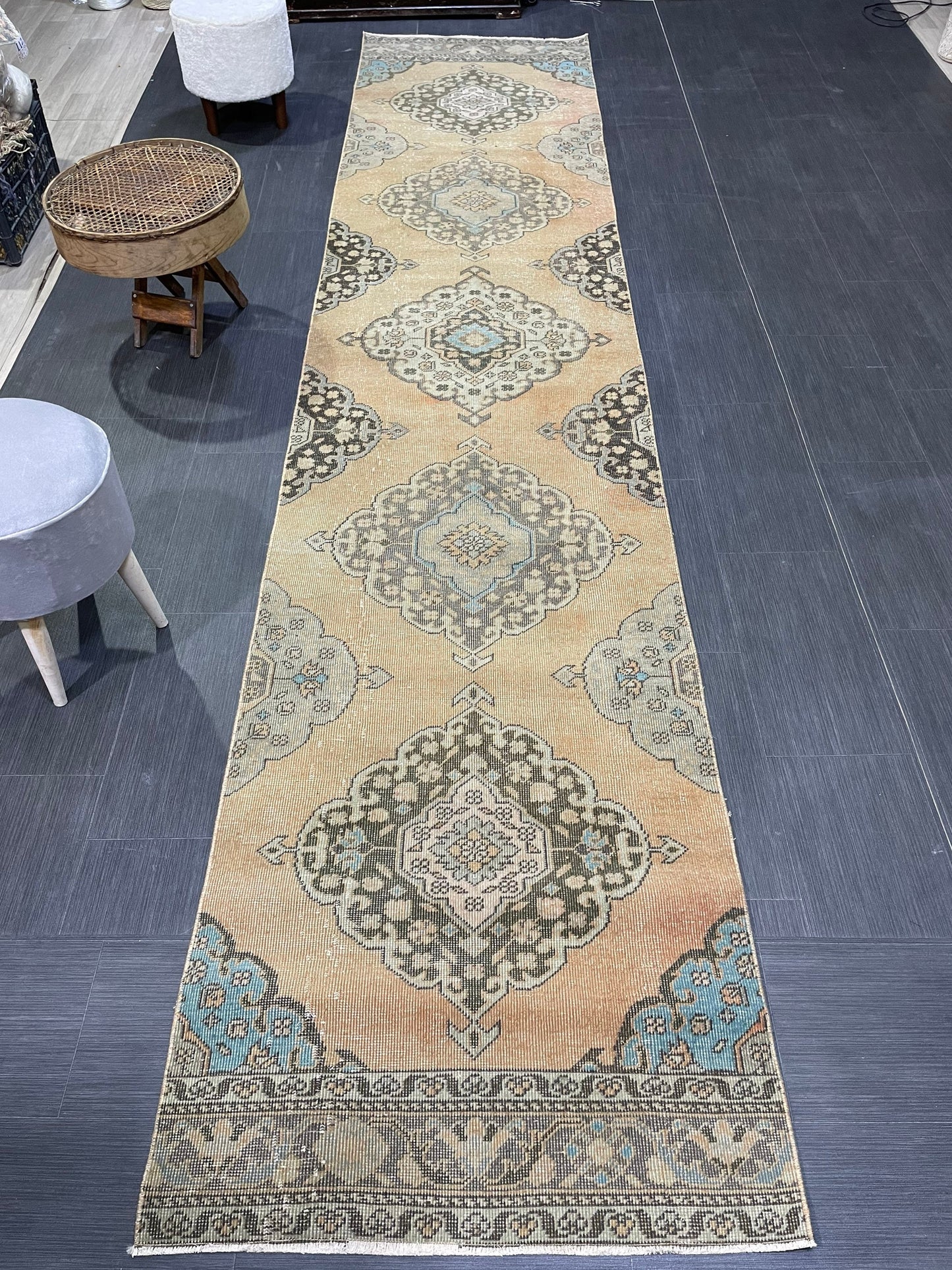 Muted RUNNER Rug, Handmade 2.10 x 13 RUNNER Rug, Oushak Runner Rug, Vintage Turkish Rug, Oriental Runner Rug, Turkish Runner Persian Runner