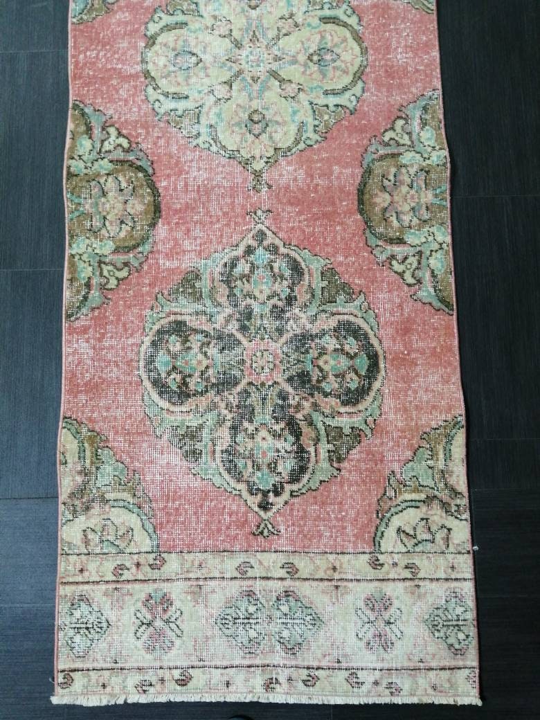 Muted Vintage Runner Rug 2.6 x 12.7 Hallway Runner Rug Kitchen Runner Rug Wool Runner Rug Oushak Runner Rug Turkish Floral Runner Rug