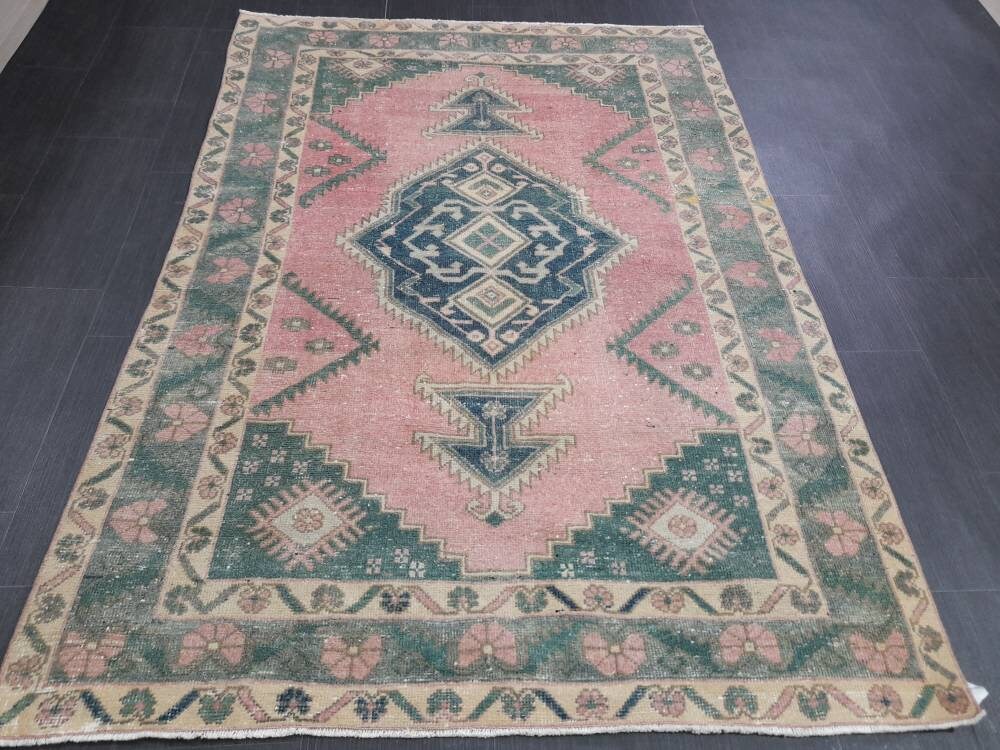 Vintage Oriental RUG Muted 4.6 x 6.4 Vintage TURKISH Rug Muted Vintage Persian Rug Vintage Wool Pink and Green Rug Muted Hand Made Rug