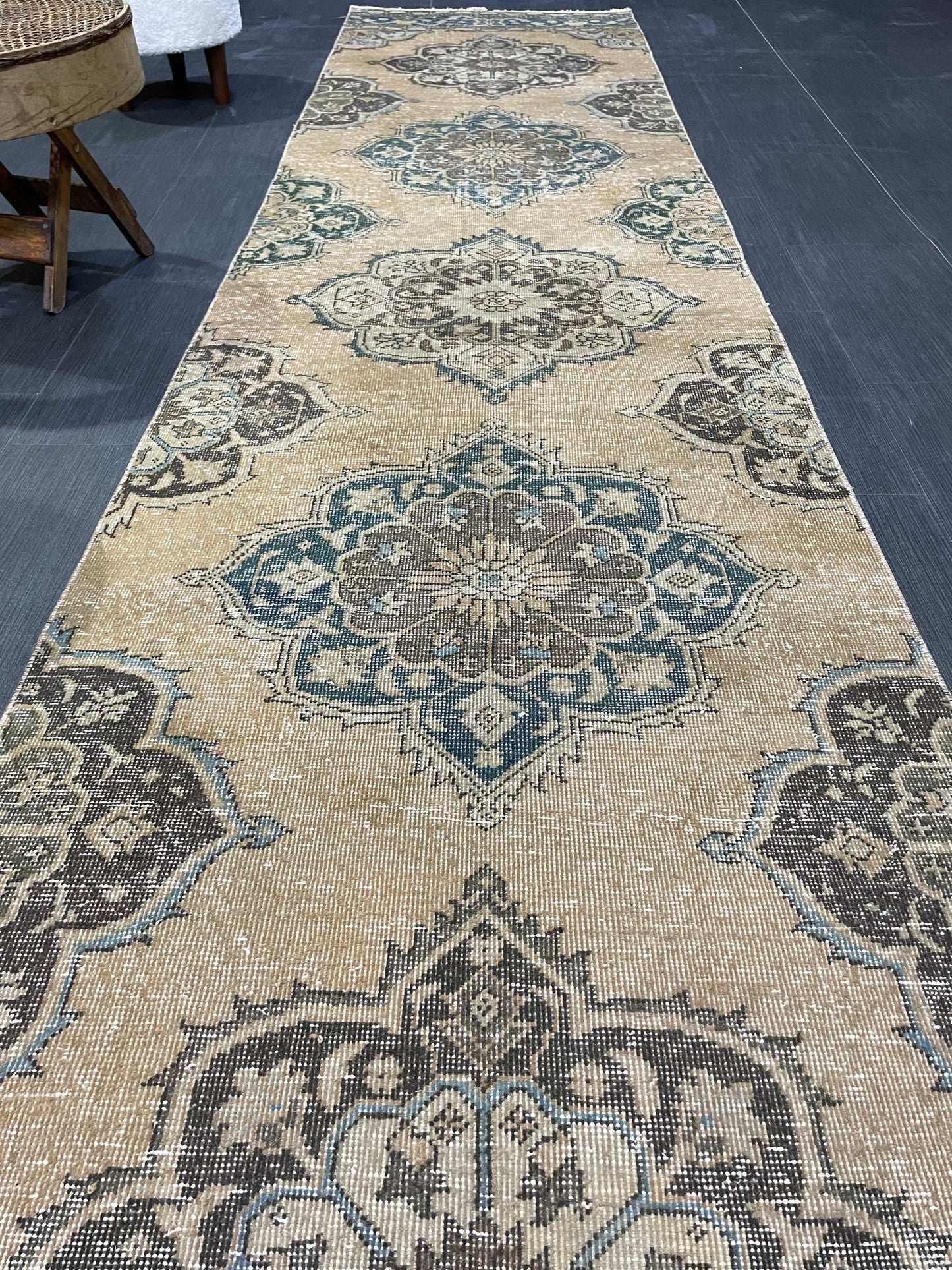 Muted Handmade Runner Rug, Turkish Runner 2.10 x 13 Rug, Vintage Runner Rug Hallway Runner Rug, Hand Knotted Runner Rug, Persian Runner
