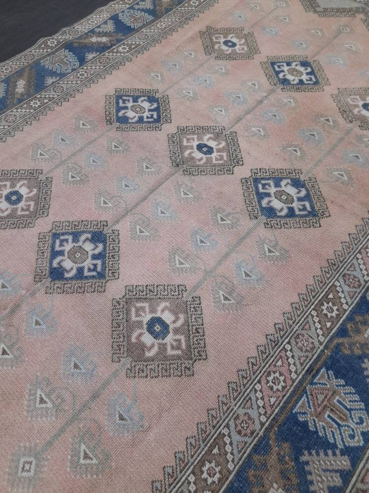 Oriental RUG 6.3 x 9.5 Oushak Rug Blue And Light Pink Persian Rug Vintage Rug Soft Wool Rug Antique Turkish Rug Muted Quality Turkish Rug