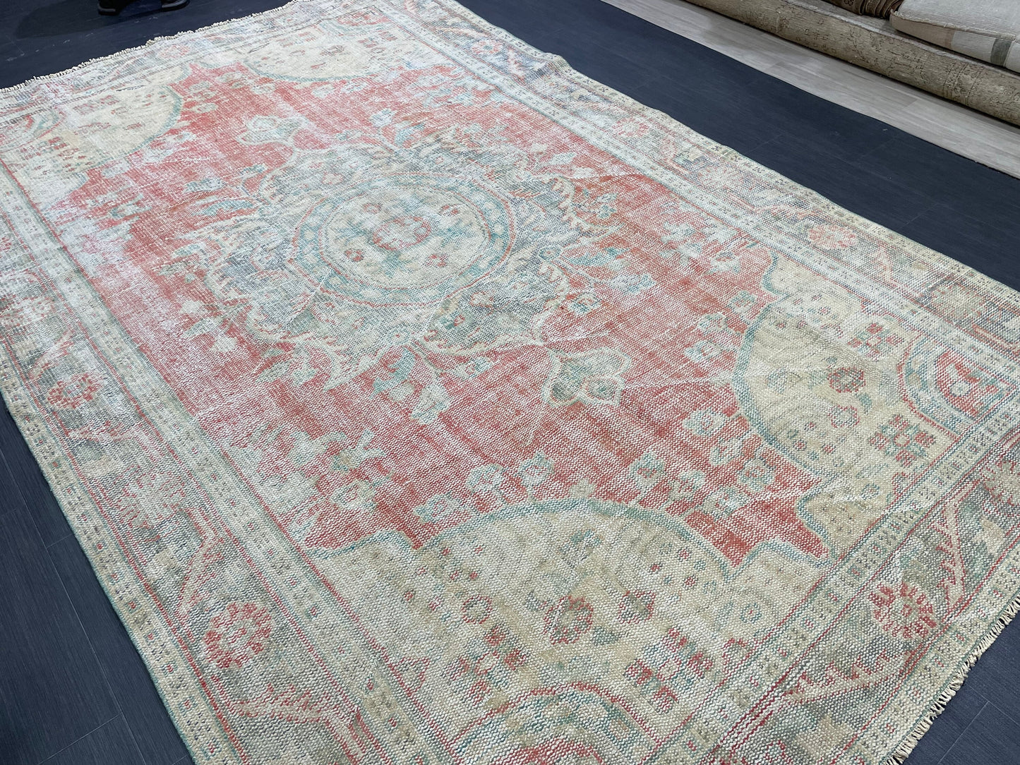Distressed Vintage HAND MADE Rug 6.2 x 10 Handmade Rug Oushak Rug Persian Rug Oriental Rug Vintage Turkish Rug Pink Wool Rug