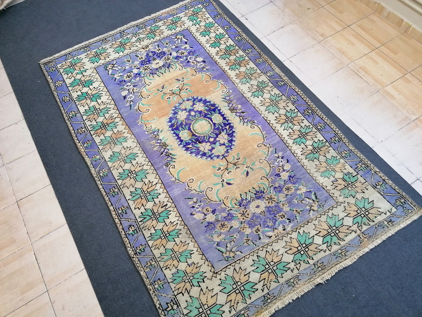 Oushak wool hand made rug, large purple vintage rug 5'7x8'7 turkish rug, green living room rug, vintage bohemian rug
