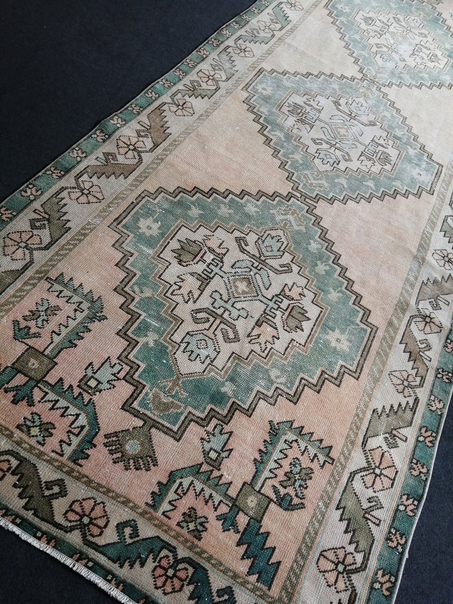 12.5 x 4.7 Large Vintage Rugs TURKISH HAND MADE Rugs Green Vintage Turkish Rugs Oushak Rug Turkish Oushak Rug, Vintage Oushak Rug