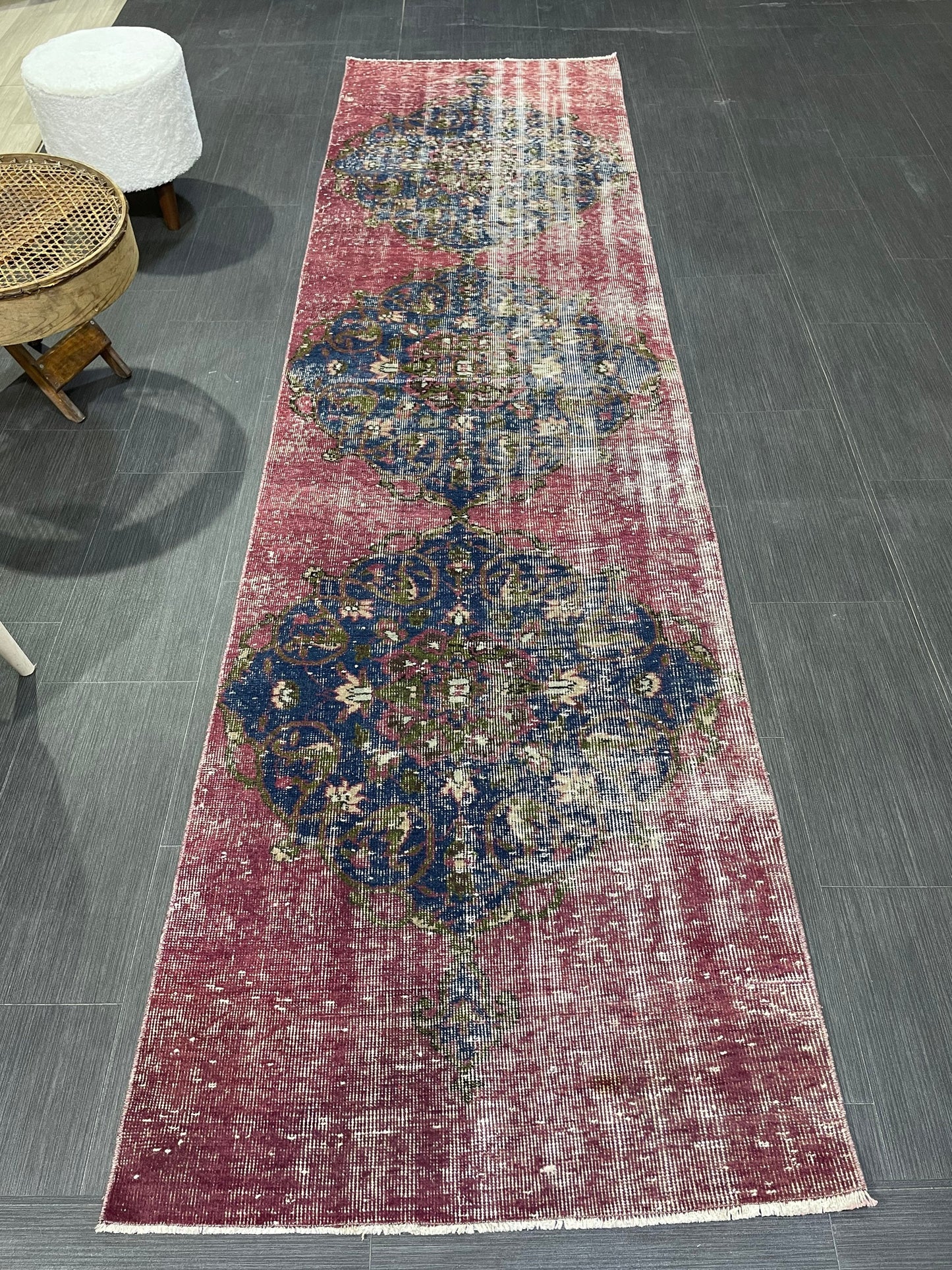 DISTRESSED Oushak Runner Rug, Turkish Runner 2.9 x 12.2 Rug, Vintage Runner Rug, Hallway Runner Rug, Kitchen Runner Rug, Wool Runner Rug