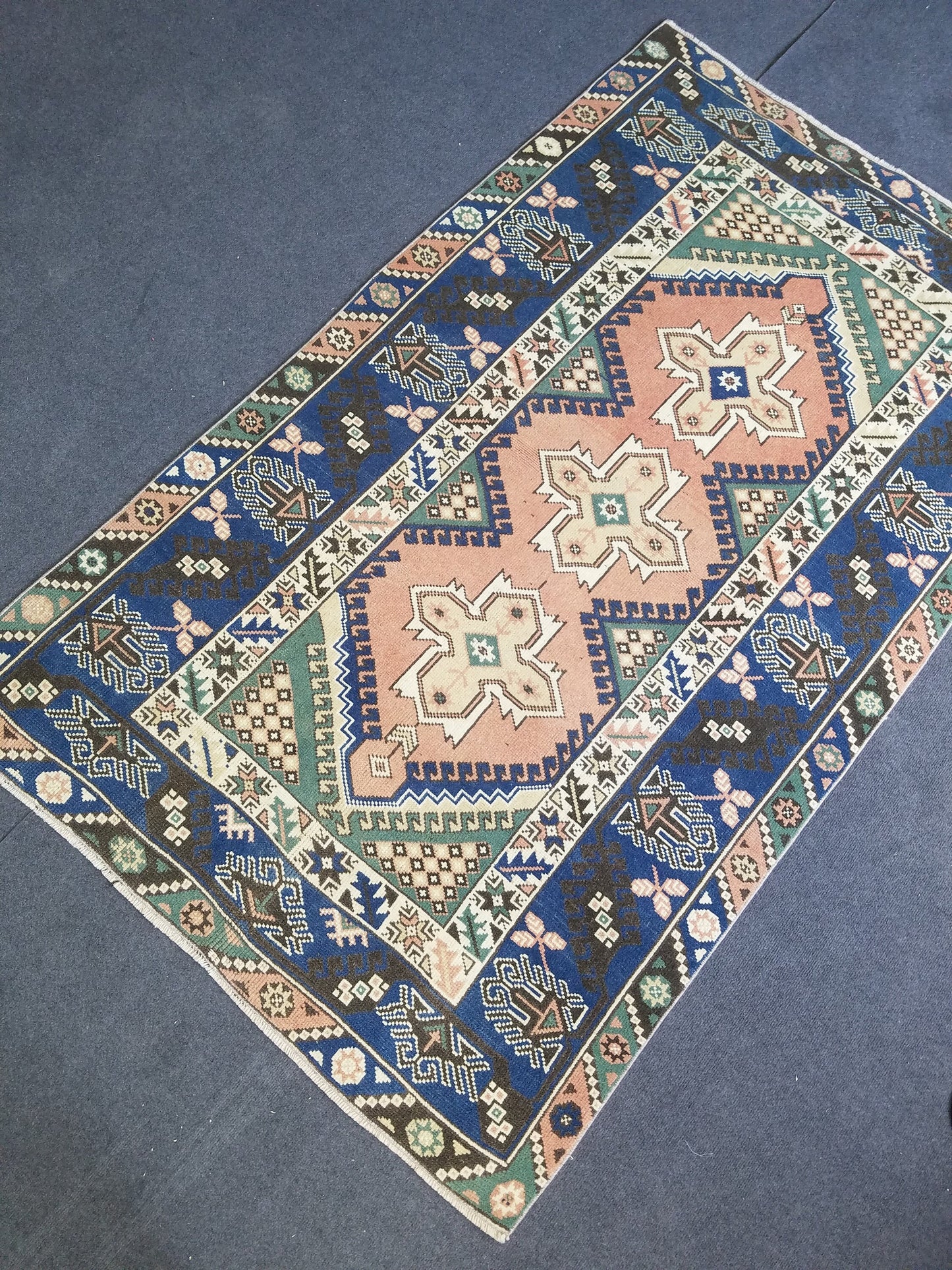 Vintage blue rug,turkish oushak rug 6'8x4'2 wool rug
