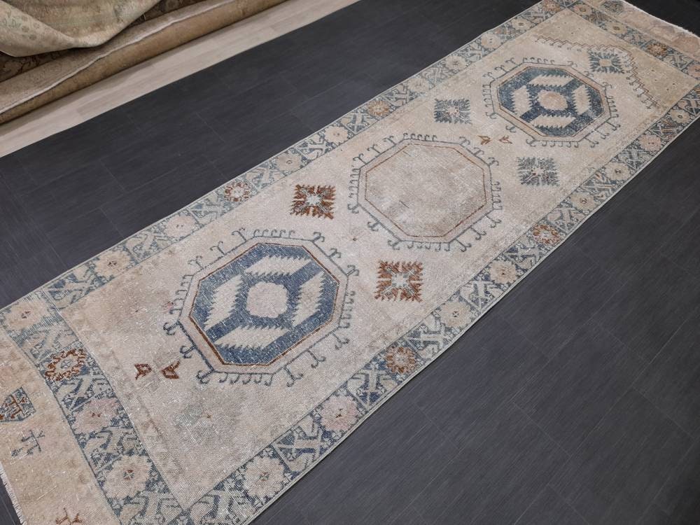 Muted Turkish Runner Rug 3.8 x 13 Oushak Runner Rug Vintage Runner Rug Hallway Runner Kitchen Runner Rug Wool Runner Rug Oriental Runner