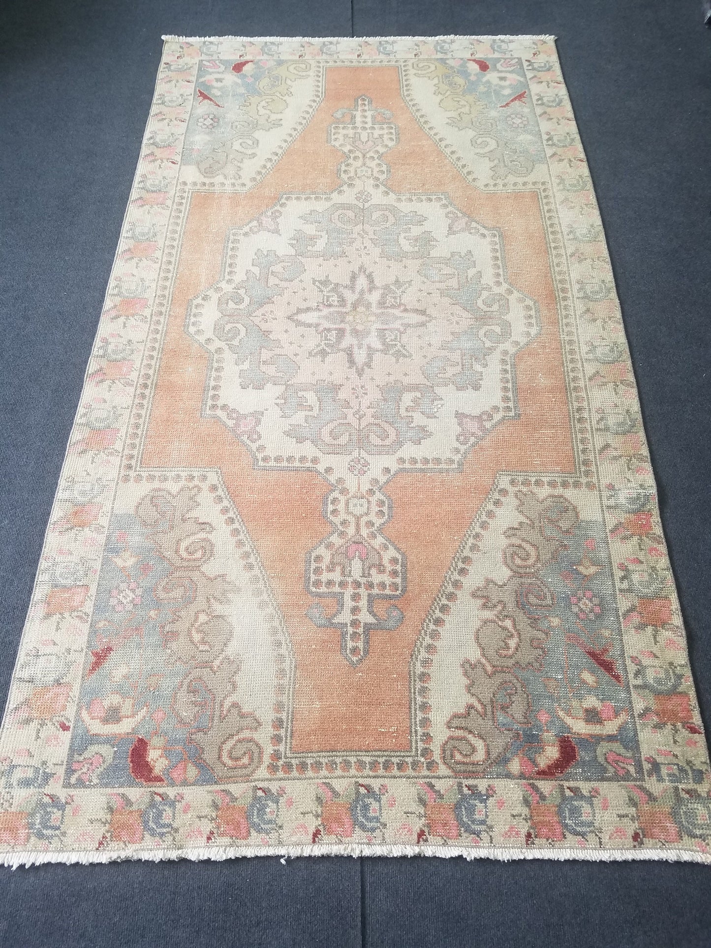 Pastel vintage rug, vintage handmade wool rug, oushak rug,rustic distressed rug 4x7'7 feet