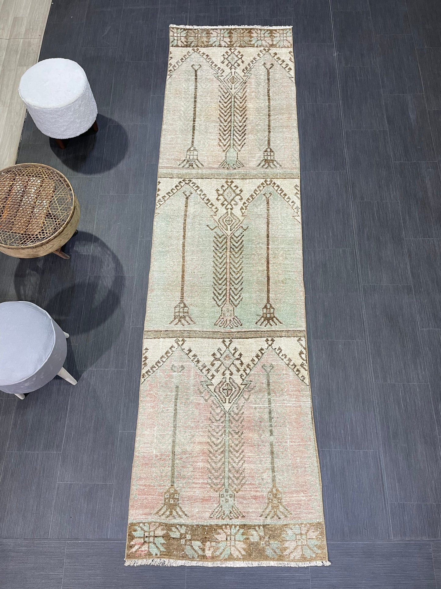 Muted Vintage Runner Rug, 2.8 x 10.2 Muted Oushak Runner Rug, Turkish Runner Rug, Short Muted Runner Rug ,Hallway Runner Soft Wool Runner