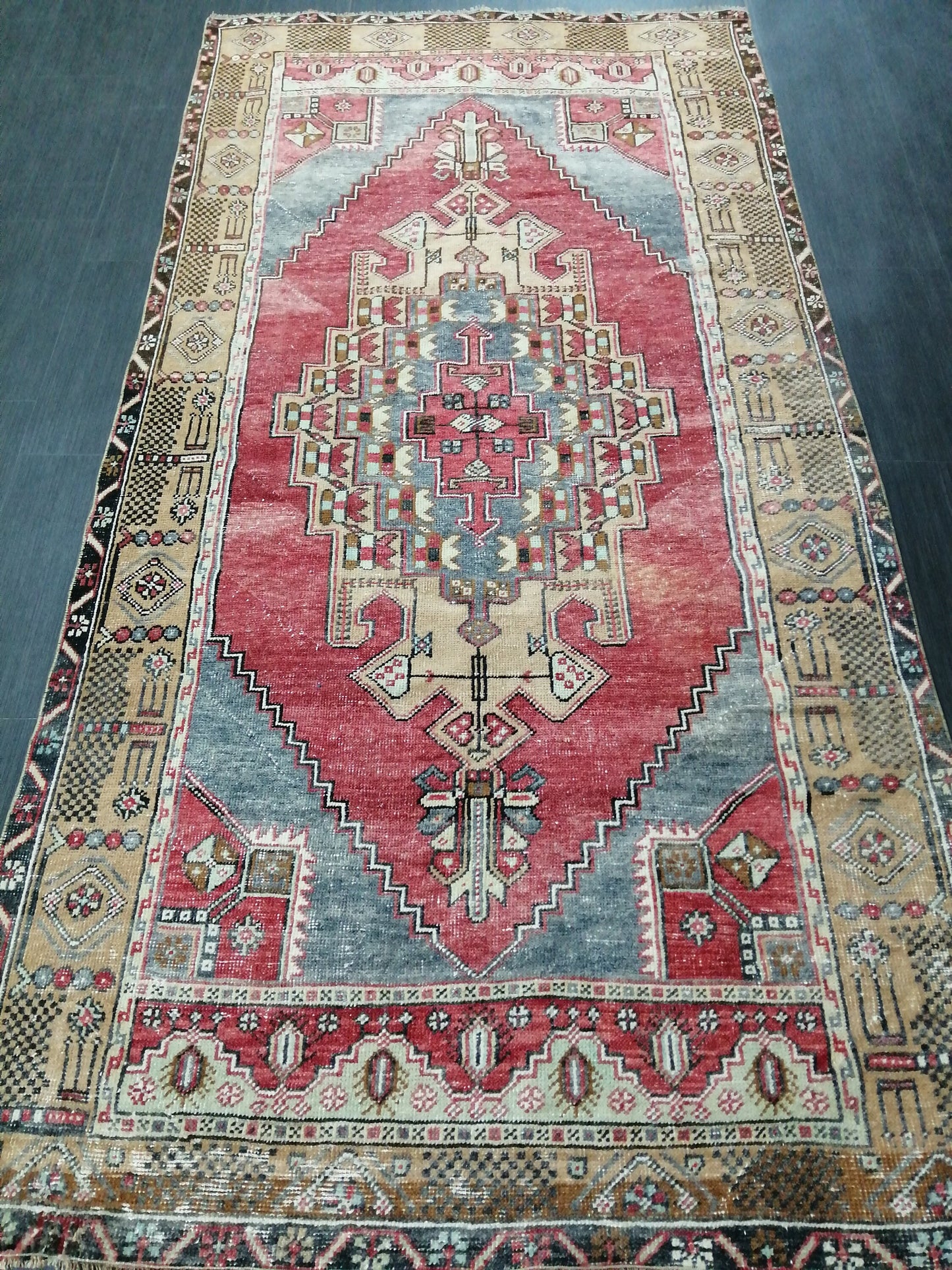 Muted OUSHAK RUG 4.2 x 8.3 Muted Vintage Rug Vintage Rug Ice Blue Wool Oushak Rug Hand Made Rugs Vintage Turkish Rug