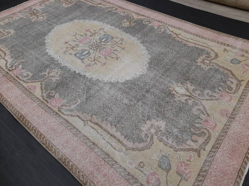 Floral Vintage OUSHAK RUG Antique TURKISH Rug Vintage Distressed Oriental Rug 6.6 x 10.4 Wool Rug Hand Made Vintage Rug 7x10 Turkish Rug