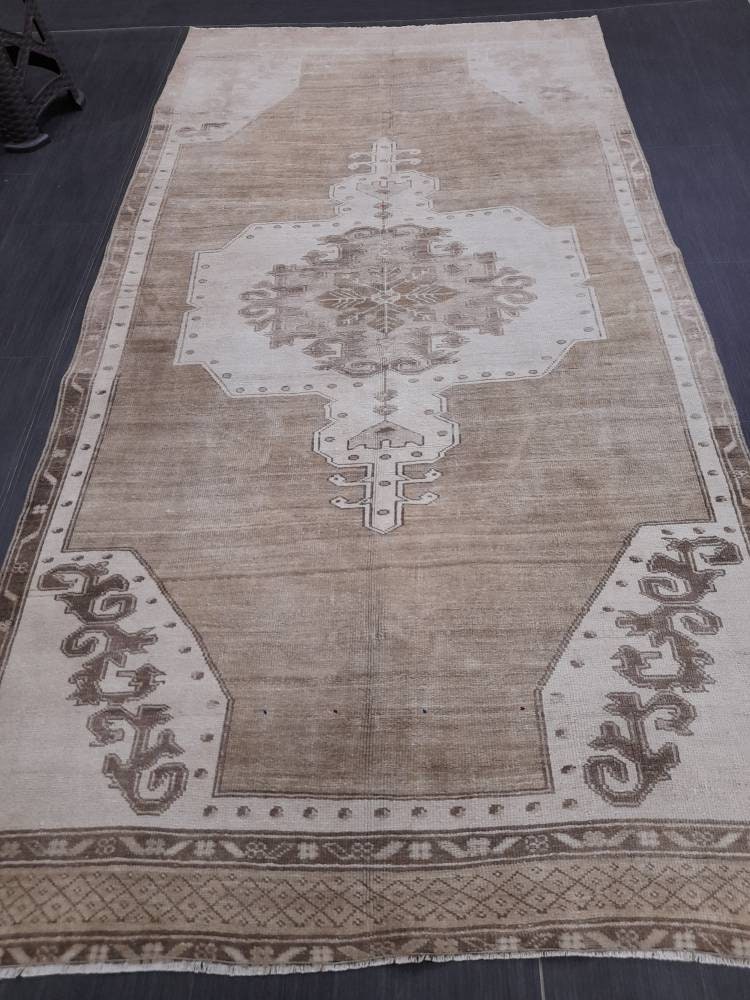 Neutral VINTAGE RUG 4.6 X 10 TURKISH Neutral Fiber Rug Natural Wool Antique Rug Distressed Vintage Rug Dye Free Rug Hand Made Rug Kars Rug
