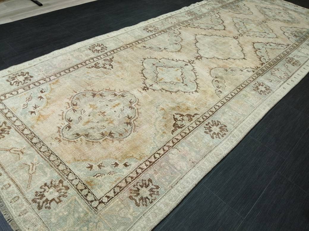 Muted Vintage Runner Rug 12.6 x 4.9 Muted Hallway Runner Rug Kitchen Runner Rug Muted Wool Runner Rug Muted Oushak Rug 12.6x4.9