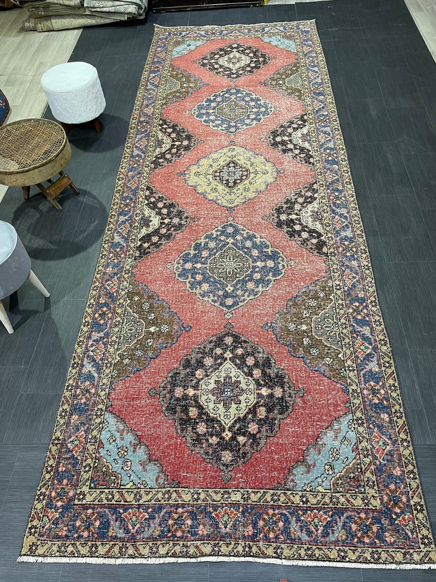 Turkish Runner Rug, Persian Distressed Runner 4.8 x 13.2 Rug, Vintage Runner Rug, Hallway Runner Rug, Kitchen Runner Rug, Wool Runner Rug