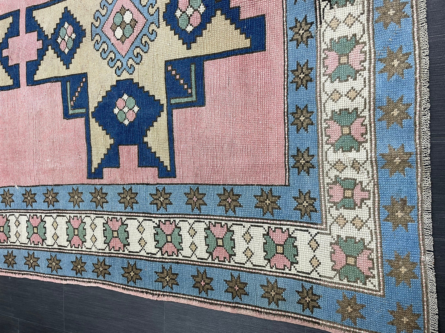 Wool OUSHAK RUG TURKISH 6.6 x 10 Rug Vintage Oriental Rug Vintage Handmade Rug Wool Vintage Pink and Blue Rug Hand Knotted Rug
