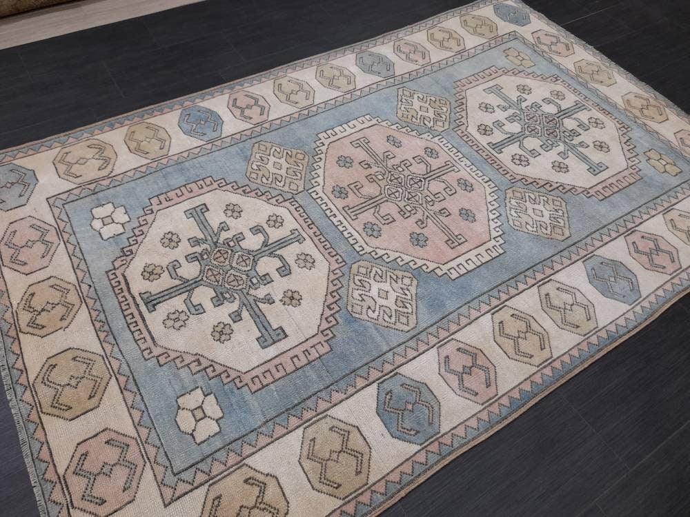 Distressed Wool Hand Made Rug Vintage Oushak Rug Blue 5x8 Oriental Rug, Rug Vintage Turkish Rug, Farmhouse Rug Vintage Rug Living room Rug