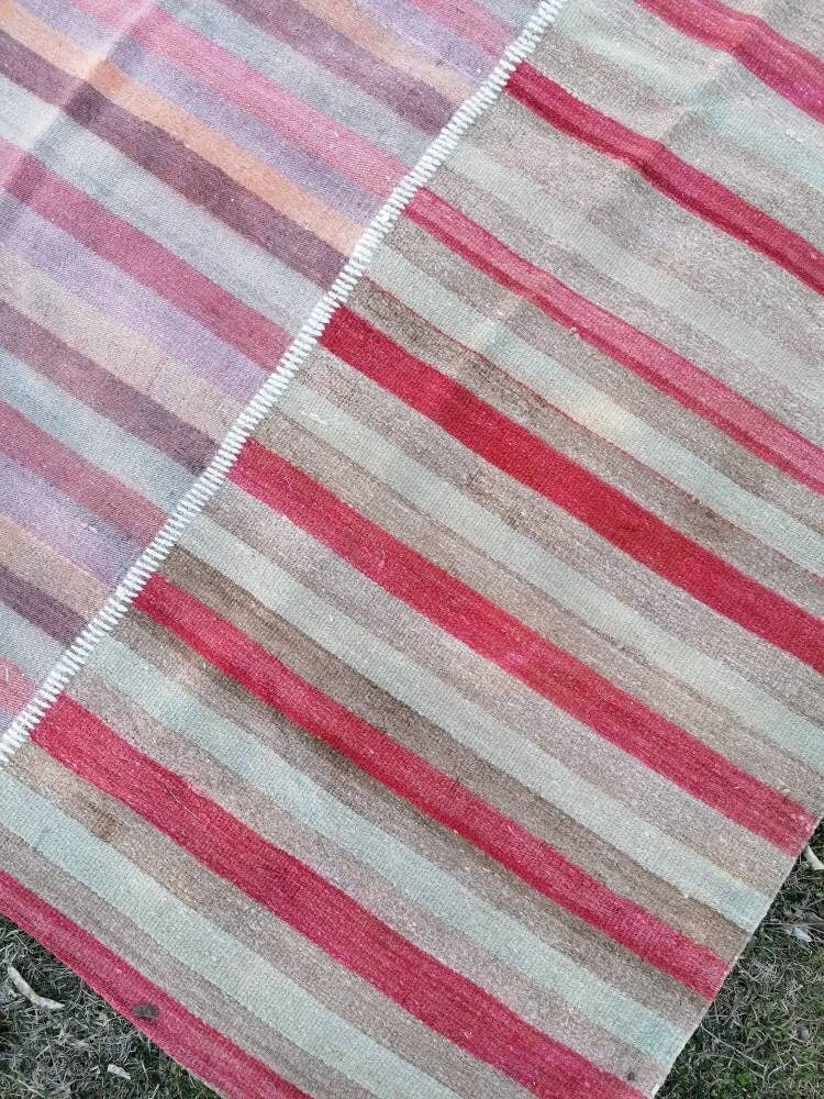 Flatwoven kilim rug, stripe turkish hand made rugs 6'7*10 vintage turkish rugs oushak rug vintage oushak rug, wool rug