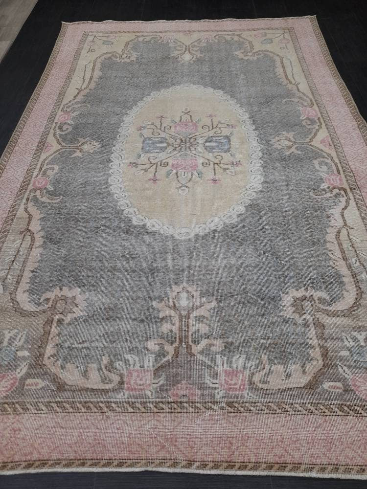 Floral Vintage OUSHAK RUG Antique TURKISH Rug Vintage Distressed Oriental Rug 6.6 x 10.4 Wool Rug Hand Made Vintage Rug 7x10 Turkish Rug