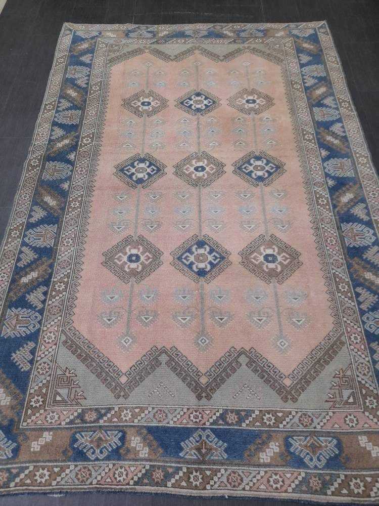 Oriental RUG 6.3 x 9.5 Oushak Rug Blue And Light Pink Persian Rug Vintage Rug Soft Wool Rug Antique Turkish Rug Muted Quality Turkish Rug