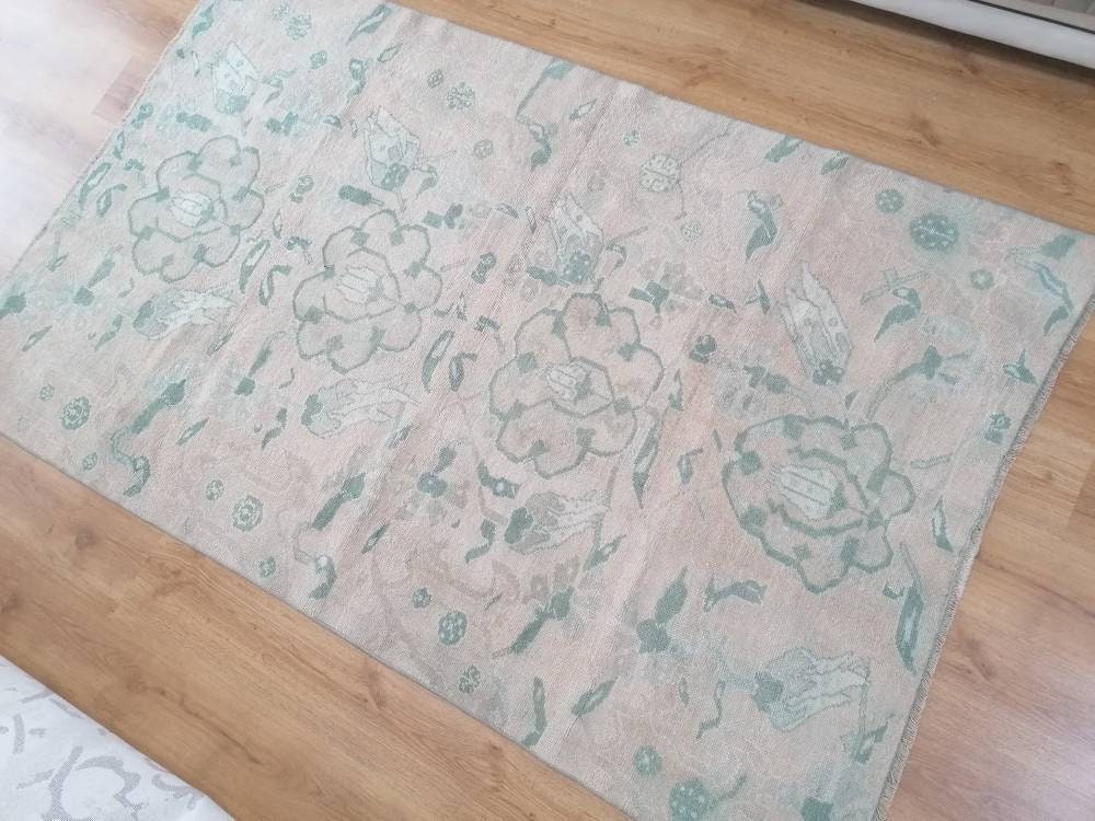 Vintage rug, green oushak rug 4'6x7'2 living room rug