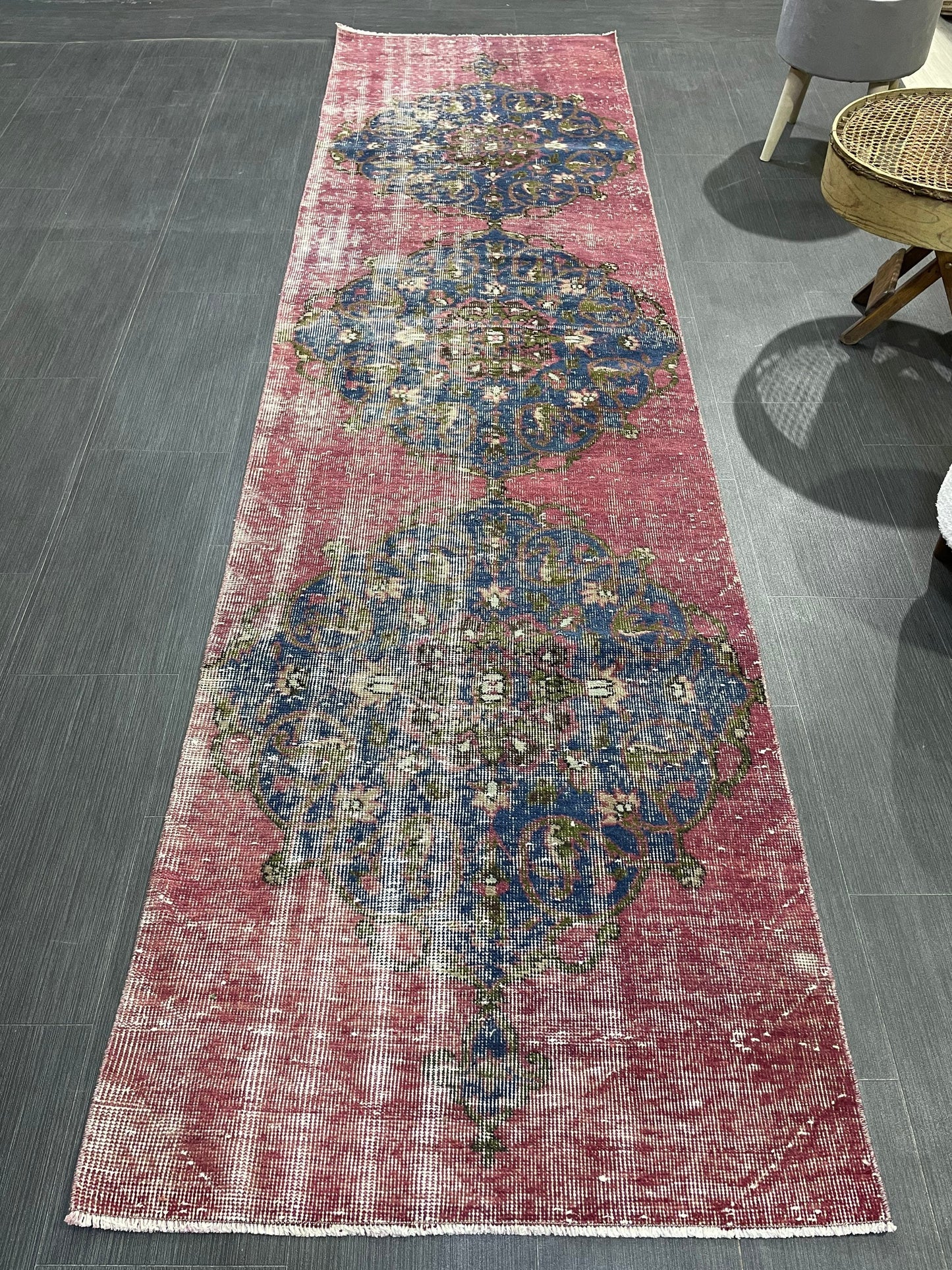 DISTRESSED Oushak Runner Rug, Turkish Runner 2.9 x 12.2 Rug, Vintage Runner Rug, Hallway Runner Rug, Kitchen Runner Rug, Wool Runner Rug