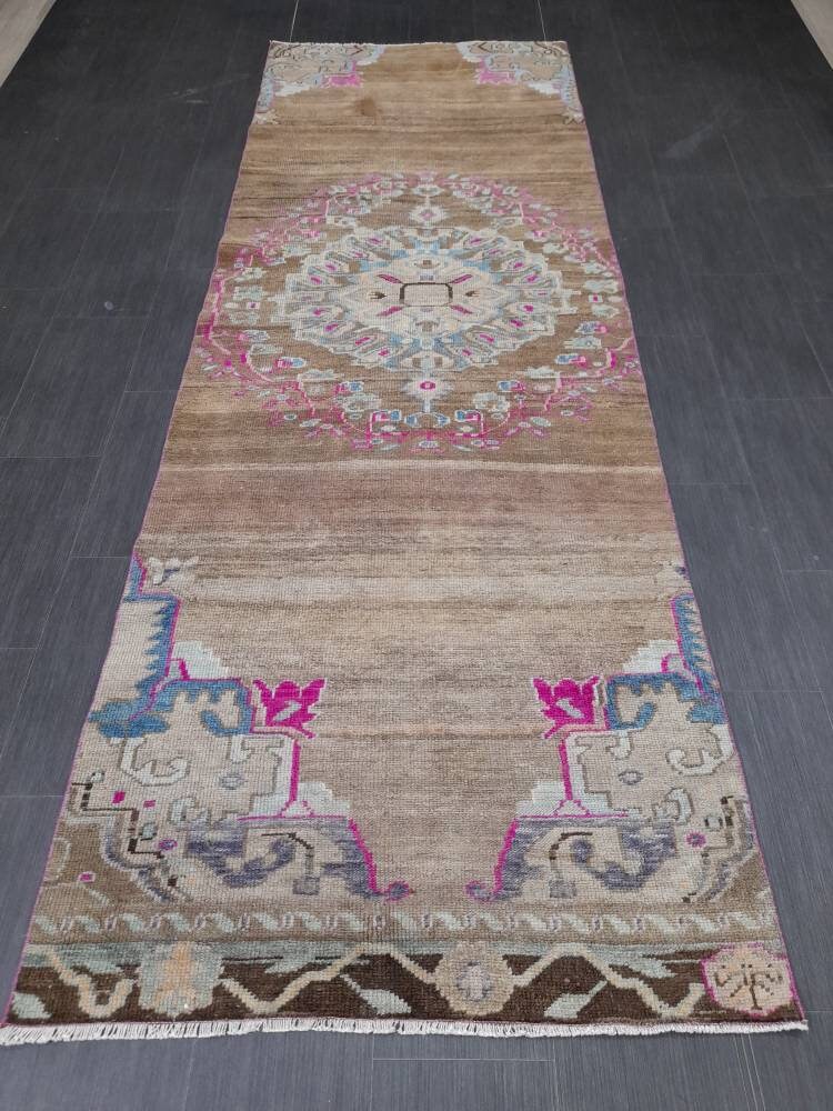 Vintage Runner Rug 3.6 x 10.5 Turkish Runner Rug Varigated Brown Vintage Runner Rug Hallway Runner Rug Kitchen Runner Rug Wool Runner