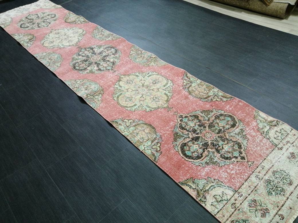Muted Vintage Runner Rug 2.6 x 12.7 Hallway Runner Rug Kitchen Runner Rug Wool Runner Rug Oushak Runner Rug Turkish Floral Runner Rug