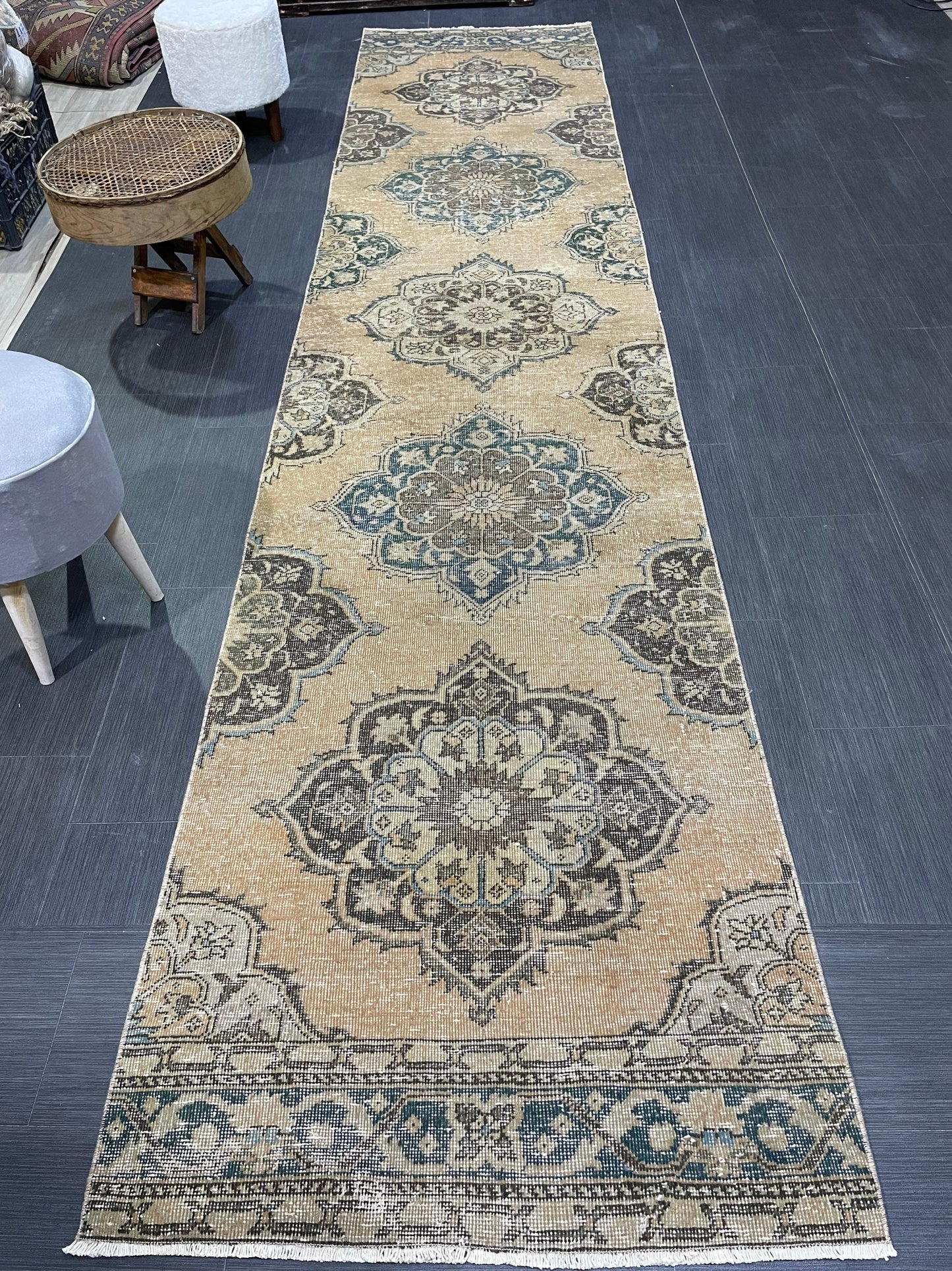 Muted Handmade Runner Rug, Turkish Runner 2.10 x 13 Rug, Vintage Runner Rug Hallway Runner Rug, Hand Knotted Runner Rug, Persian Runner