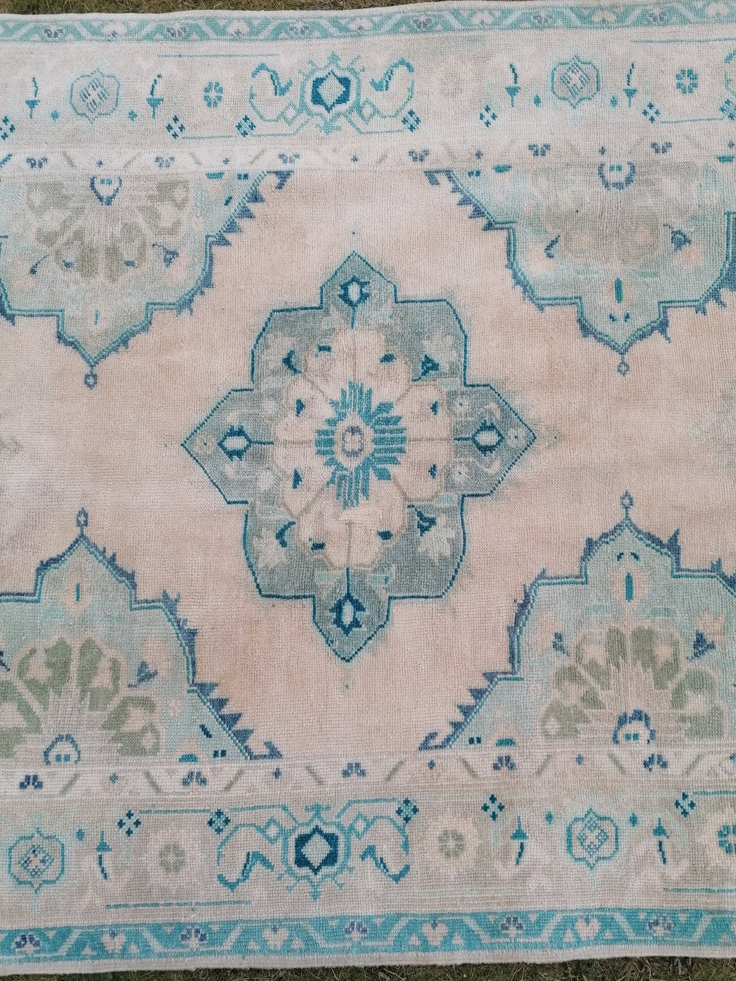 Oushak wool rug 5'4x10'8 long faded blue oushak runner rug vintage runner, hallway runner, kitchen runner rug