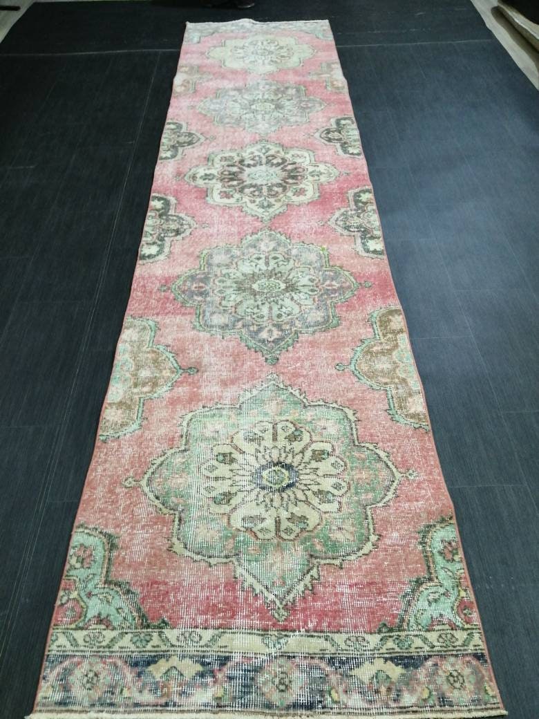 Muted RUNNER Rug, 2.8 x 12 RUNNER Rug, Oushak Runner Rug, Vintage Turkish Rugs, Oriental Runner Rug, Turkish Oushak Runner Persian Runner