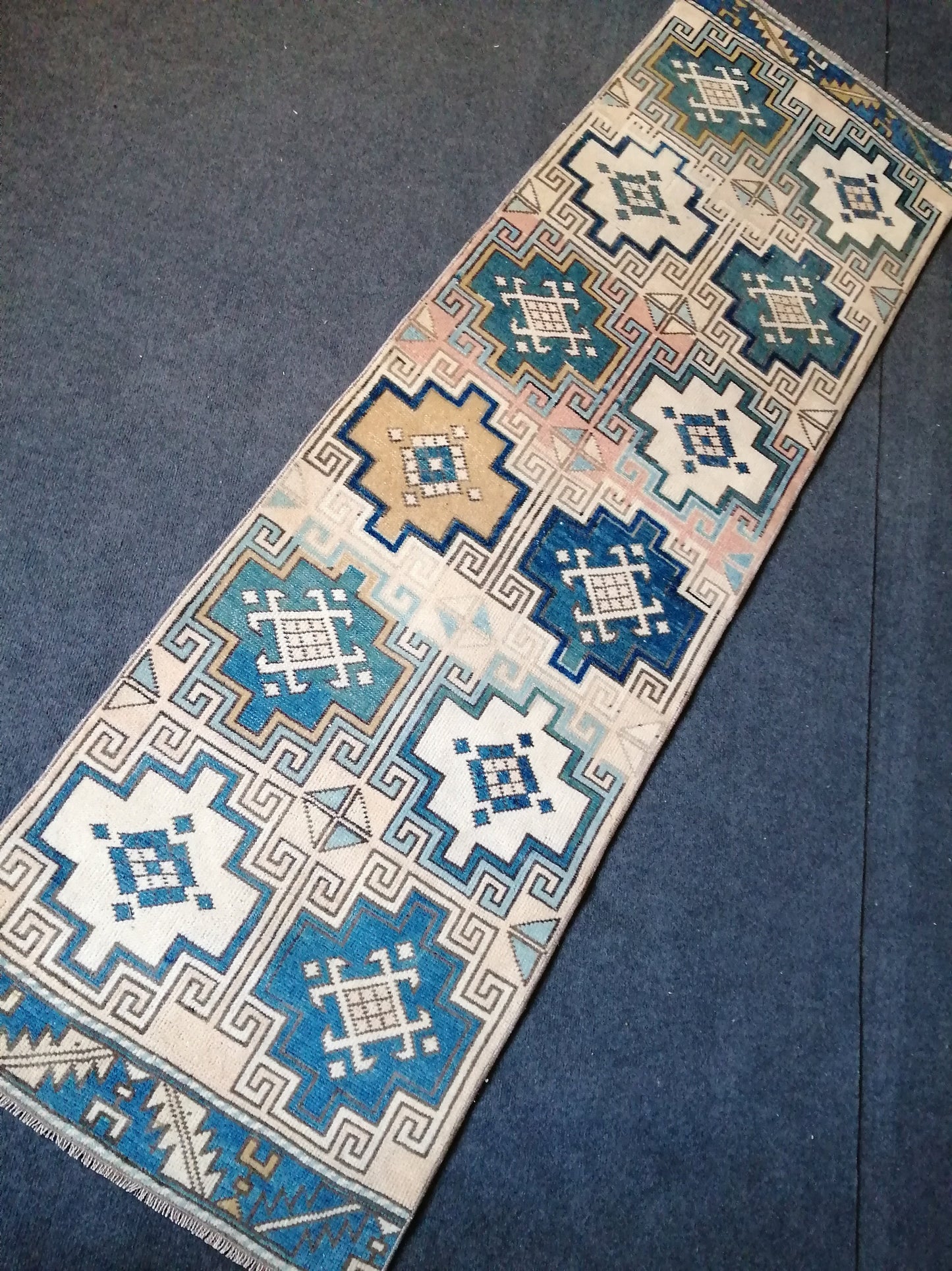 2 x 7.2 Oushak Runner Rug Turkish Runner Rug Blue Vintage Runner Rug Hallway Runner Rug Kitchen Runner Rug Wool Runner Navy Beige Green