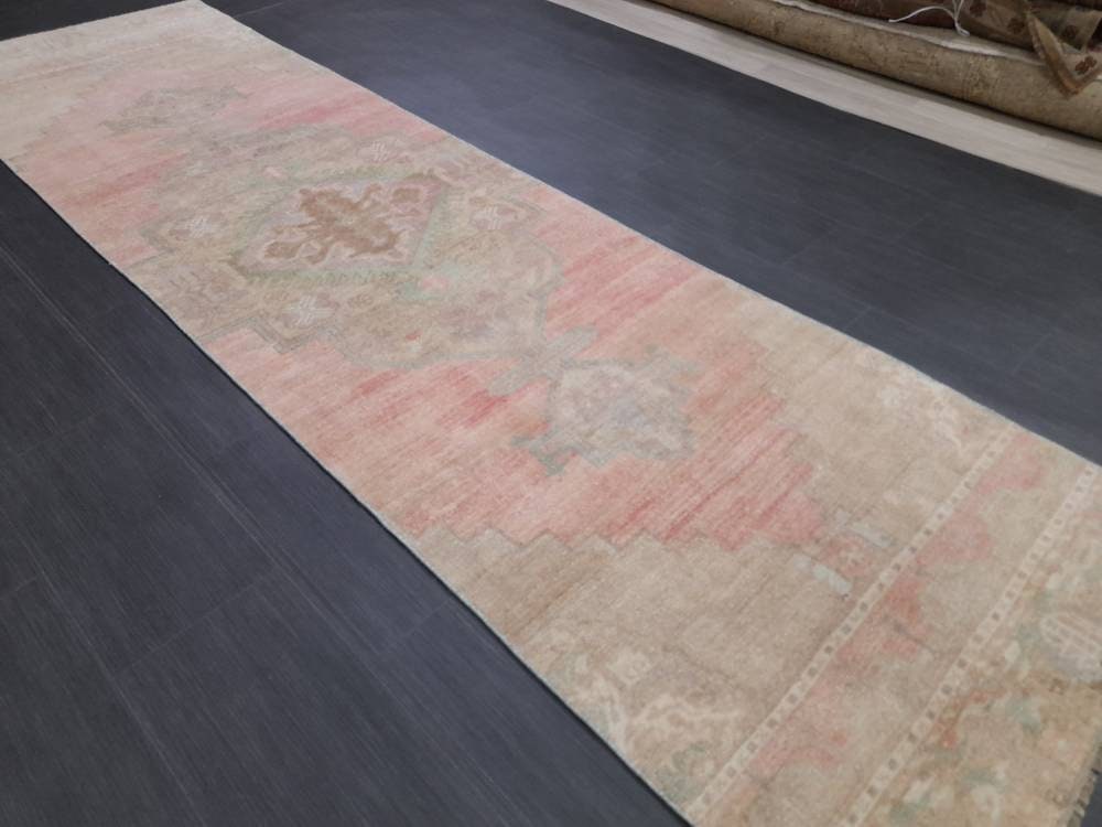 Muted Vintage Oriental Runner Rug 3 x 10.8 Turkish Runner Rug muted Vintage Runner Rug Hallway Runner Rug Kitchen Runner Rug Wool Runner Rug