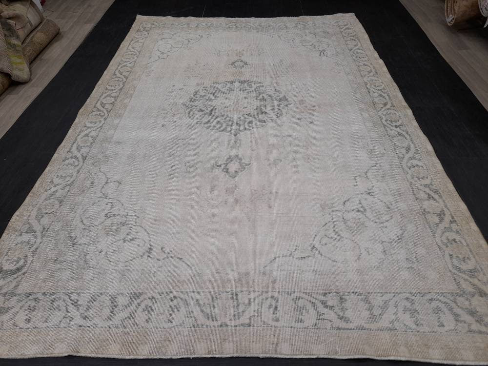 Muted Turkish Muted 6.8 x 10 Oushak Rug Large Area Rug Distressed Vintage Rug Oushak Rug 7 by 10 Muted Rug Hand Knotted Rug