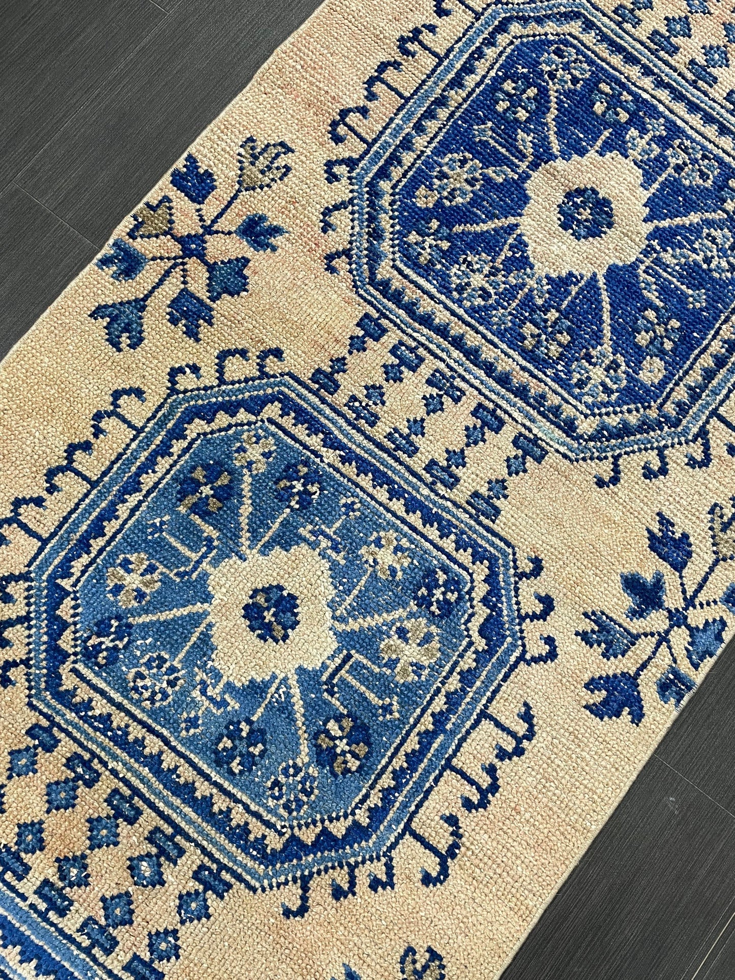 Blue and Blue Vintage Runner Rug Vintage Oushak Runner Rug 2.7 x 12 Hallway Runner Rug Turkish Kitchen Runner Antique Oriental Runner Rug