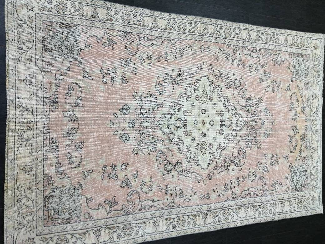 Soft Pink Vintage Turkish Rug 5.2 x 8.9 Vintage Persian Rug Muted Oriental Rug Wool Oushak Rug Hand Made Rugs Vintage Turkish
