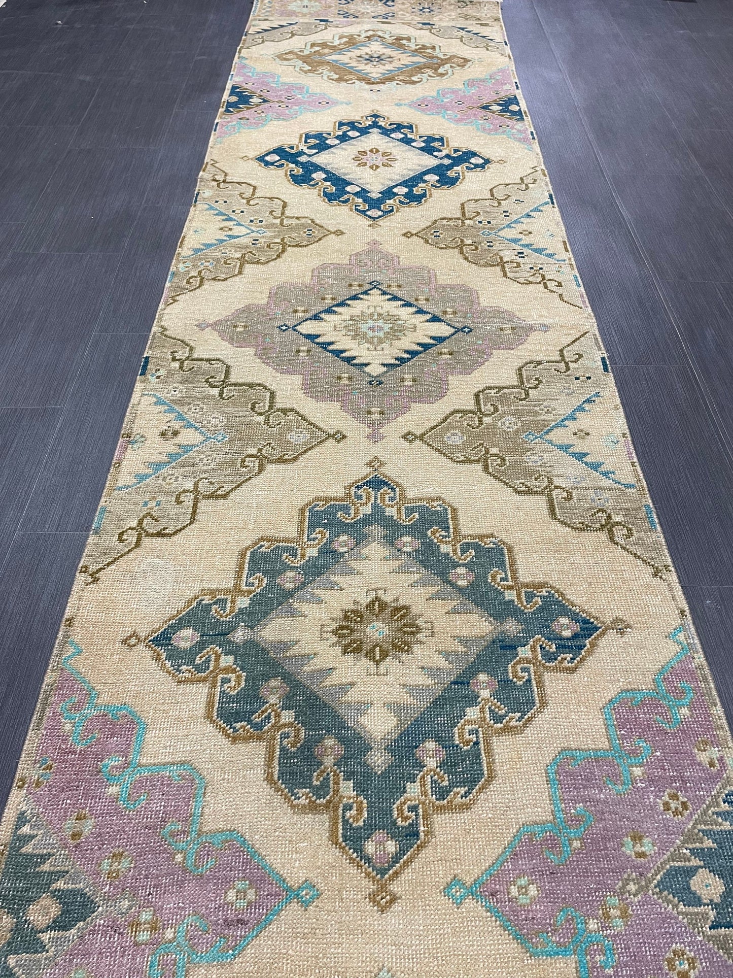 Hand Knotted Vintage Runner Rug 2.9 x 13.3 ft Muted Turkish runner rug Oushak Runner Hallway Rug runner Hand Knotted Star Runner Rug