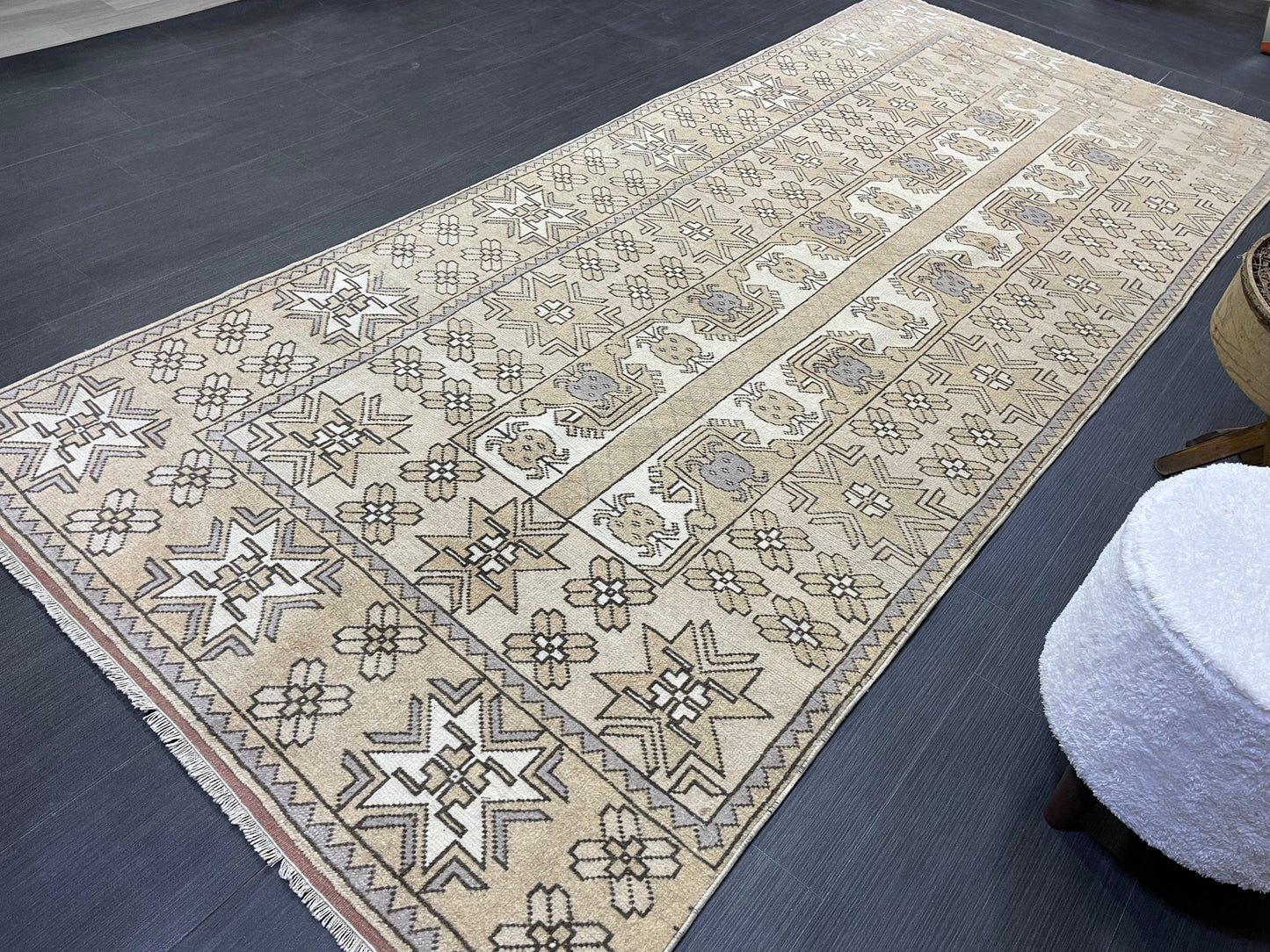 Vintage RUG, TURKISH 4 x 9.4 Rug, Wool Hand Knotted Rug, Persian Rug Wool Handmade Rug, Oushak Rugs Muted traditional rug