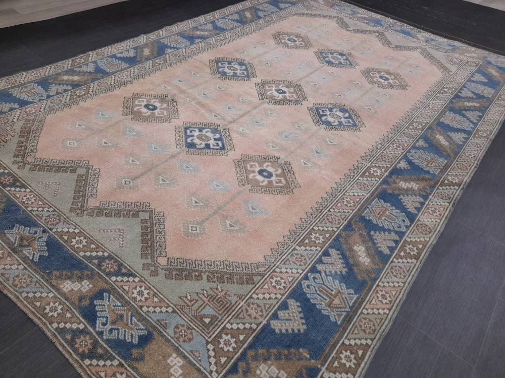 Oriental RUG 6.3 x 9.5 Oushak Rug Blue And Light Pink Persian Rug Vintage Rug Soft Wool Rug Antique Turkish Rug Muted Quality Turkish Rug