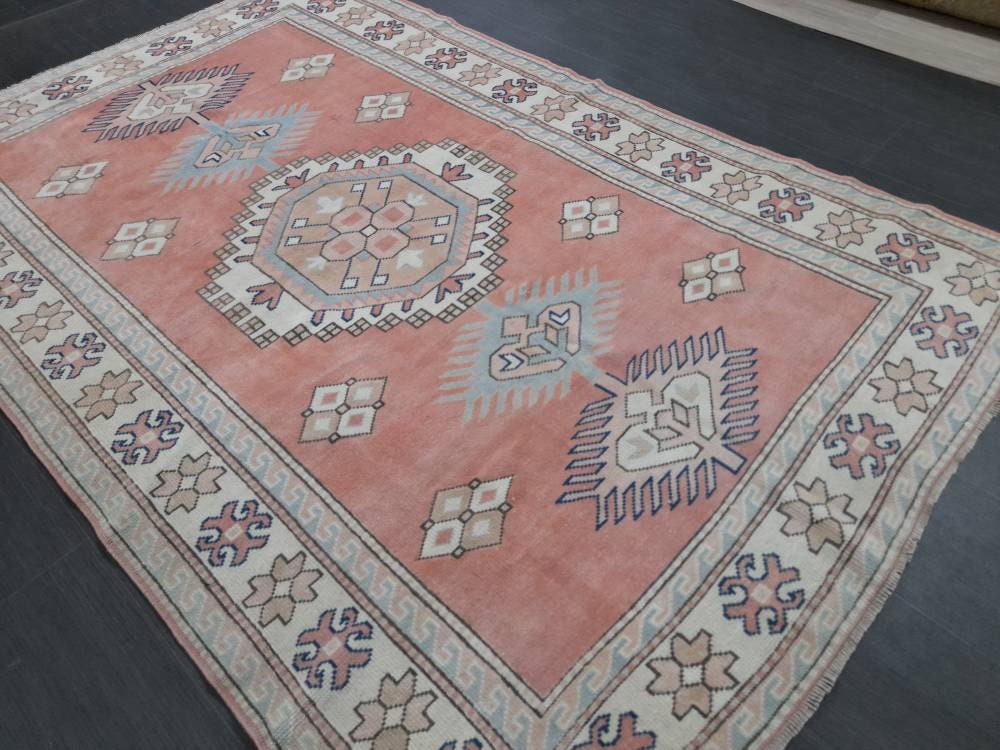 Muted Vintage Turkish Rug 5.2 x 8 Oushak Rug, Wool Oriental Rug Pink Muted Vintage Persian Rug, Hand Made Rug Pink Vintage Wool Rug 5x8