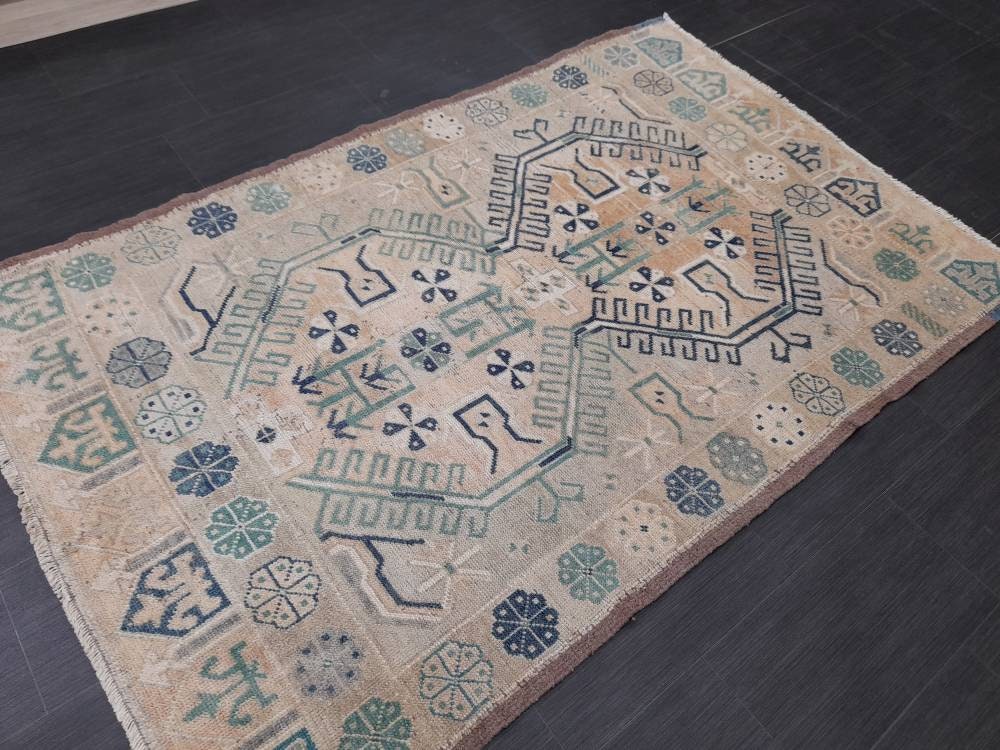 Vintage RUG TURKISH 4.3 x 6.8 Rug Vintage Oushak Rug Vintage Oriental Rug Wool Hand Knotted Rug Hand Made Rugs Antique Turkish Rug