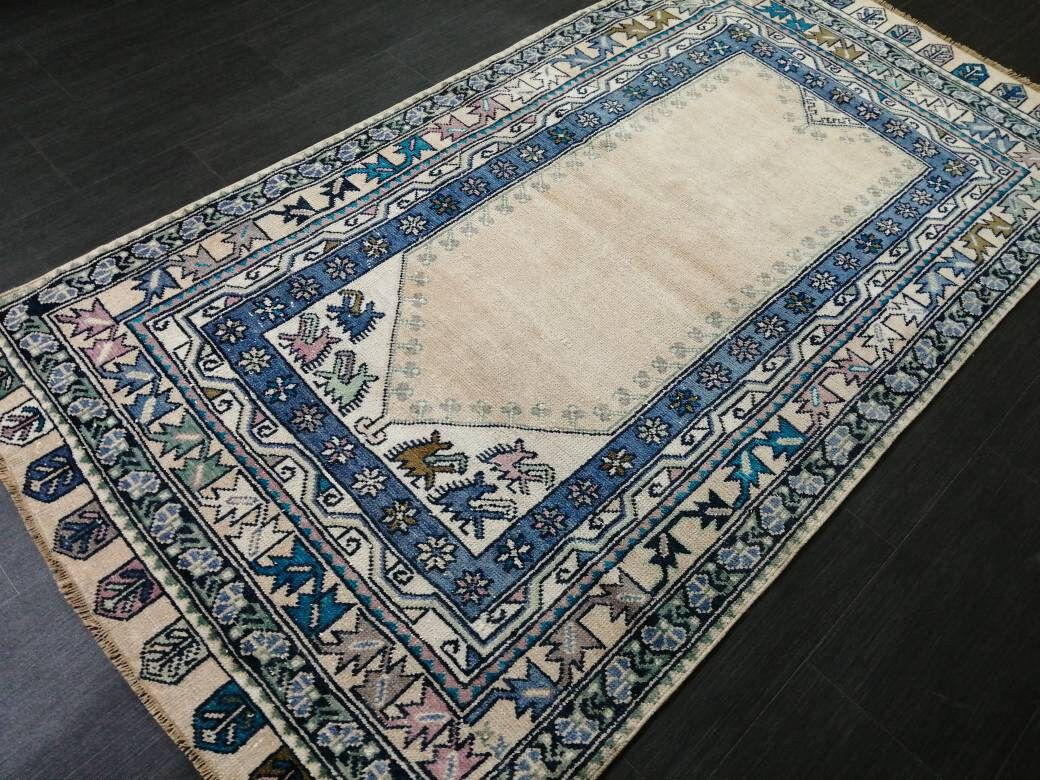 Muted Turkish Vintage Hand Made Rug, 3.7 x 7 Oushak Rug, Rustic Rug, Muted Rug, Vintage Turkish Rug, Farmhouse Rug, Vintage Rug, Wool rug