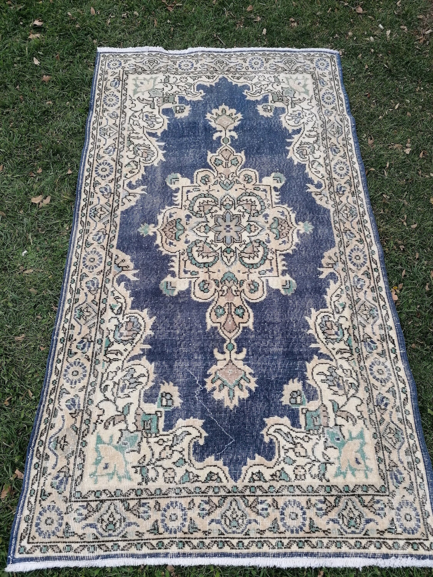 3'10x7 blue rug, turkısh wool rug, oushak vintage rug, kıtchen rug area rug
