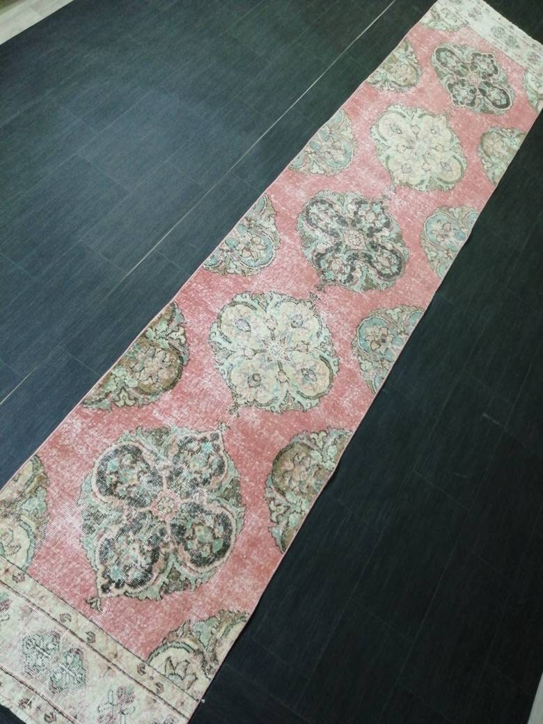 Muted Vintage Runner Rug 2.6 x 12.7 Hallway Runner Rug Kitchen Runner Rug Wool Runner Rug Oushak Runner Rug Turkish Floral Runner Rug