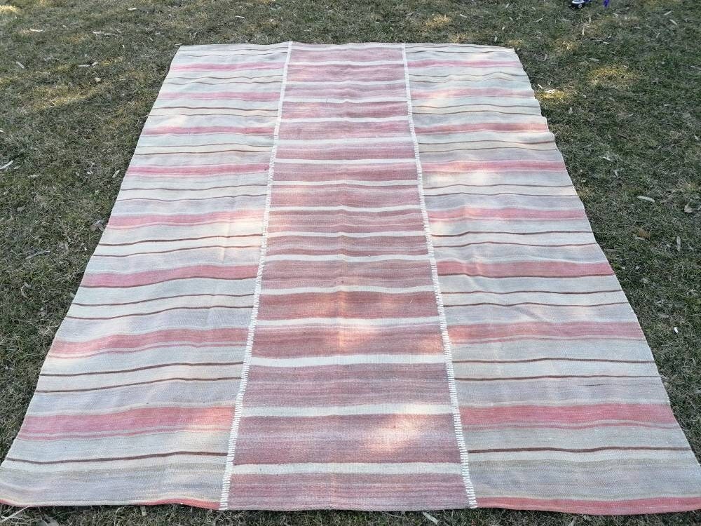 6.5 x 8.5 Flatwoven kilim rug stripe handmade rugs vintage turkish rugs oushak rug, wool rug