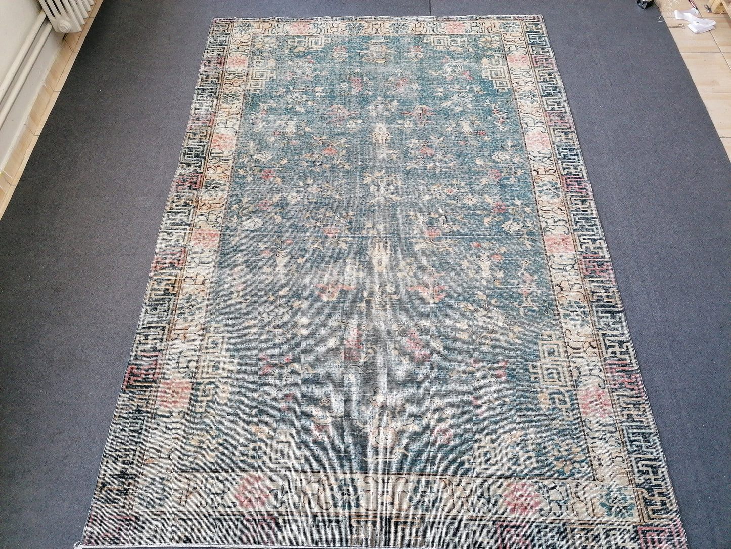 9'4x6'5 large oushak rug, blue distressed turkish rug vintage oushak runner rug vintage runner rug wool oushak vintsge hand made rugs