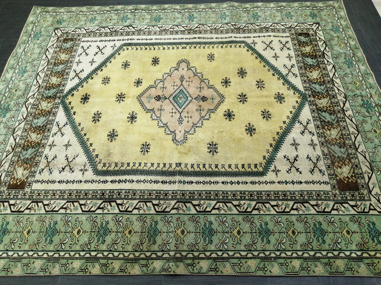 OUSHAK RUG 8.6x7.3 Green TURKISH Oushak Rug Vintage Oushak Runner Rug Vintage Runner Rug Wool Oushak Rug Hand Made Rugs Vintage Turkish Rug